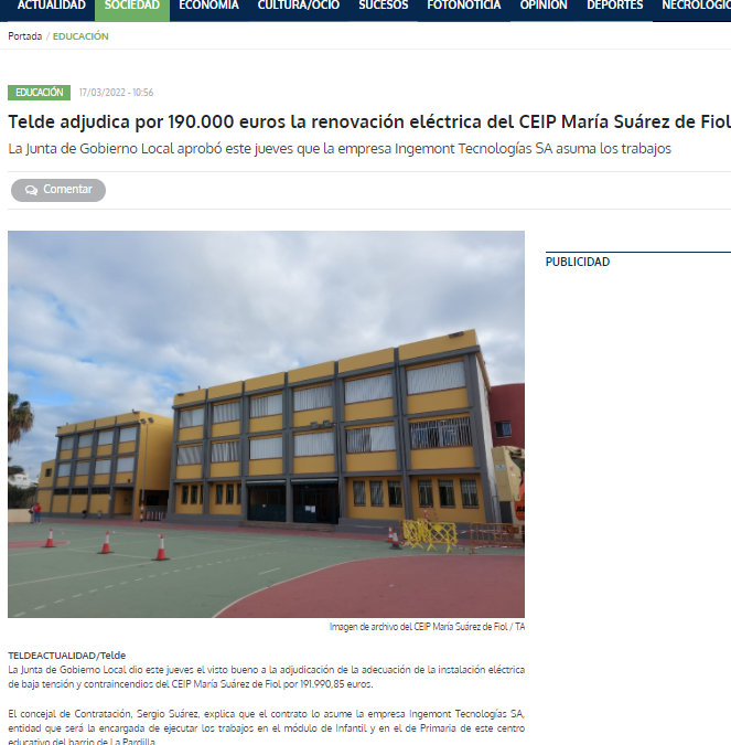 Telde Actualidad | Telde adjudica a Ingemont la renovación eléctrica del CEIP María Suárez de Fiol